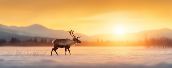 Reindeer with large antlers walking in a snowy field with the sun setting behind mountains in the background