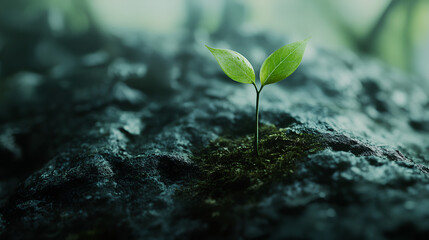 Close-up of a small plant growing in dark soil.