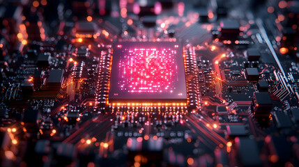Obraz premium Quantum computing chip breaking through, emitting digital light streams, abstract infographic showing future breakthroughs in data processing algorithms
