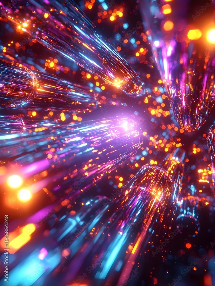 Poster A vibrant explosion of colorful light beams and particles, creating a dazzling effect of sparkling energy in a cosmic setting, evoking a sense of wonder and tranquility.