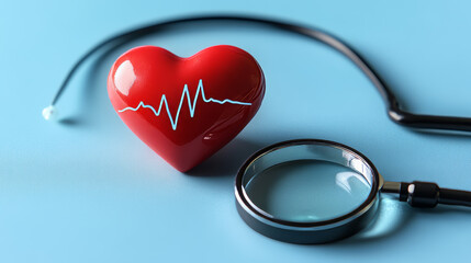 A red heart with a line showing its pulse, next to a magnifying glass. This represents medical care, such as monitoring heartbeats, providing assistance, and offering healthcare services.