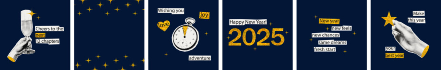 Obraz premium New year halftone collage cards, poster templates set. Cut out of magazine shapes, clipping paper stickers, gold glitter texture, inspirational quotes. Modern retro vector illustration