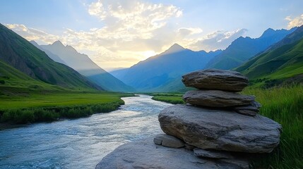 Serene Landscape with River and Mountains at Dusk