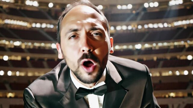 Dramatic close-up of opera singer in tuxedo against blurred concert hall backdrop. Intense facial expression, theatrical lighting creating dramatic shadows. Professional stage atmosphere.
