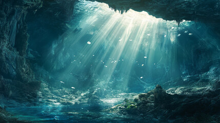 Rays of sunlight penetrating an underwater cave, creating a mesmerizing effect. 
