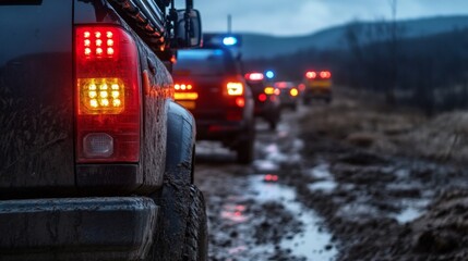 Fototapeta premium Off-Road Adventure: Muddy Trail with 4x4 Trucks and Colorful Tail Lights in Remote Wilderness