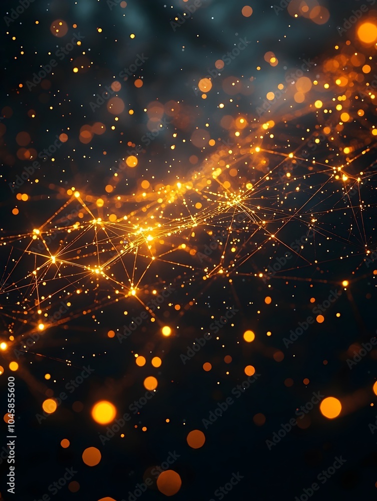Poster an abstract digital landscape featuring glowing golden particles and intricate connections against a