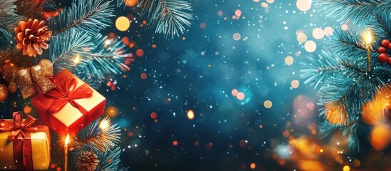 Obraz premium Festive Christmas background with pine branches, gifts, bokeh lights, and candles.