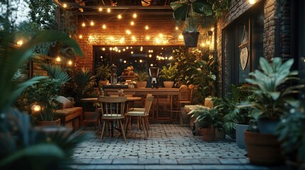 A cozy outdoor patio with string lights, lush greenery, and a wooden bar.
