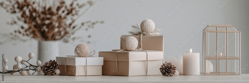 Aufkleber Geometric gift boxes are artfully arranged with natural elements, creating a warm and inviting atmosphere in a contemporary space. Generative AI