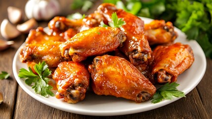 Fototapeta premium Buffalo wings with crispy garlic chips, placed on a white ceramic plate, surrounded by garlic cloves and parsley sprigs