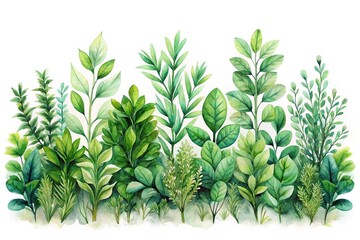 Fototapeta premium Watercolor painting of symmetrical row of green plants and shrubs on white background