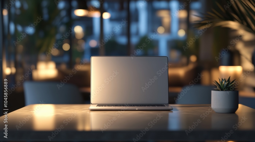Fototapete a laptop rests on a wooden table in a cozy café, illuminated by soft lighting as evening sets in, cr