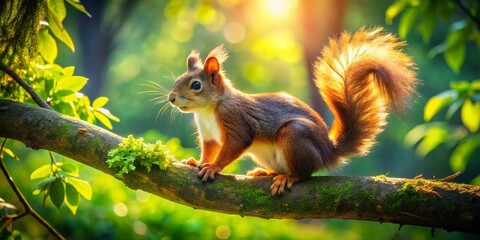 Obraz premium Squirrel Life in Nature: Captivating Bokeh Effect of Squirrels in Trees