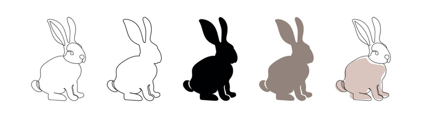 Set of Rabbits isolated on a white background. Includes black silhouette, outline, continuous one line drawing and colored versions. Concept of Easter Bunny, Cute hare. pet, animal, design elements