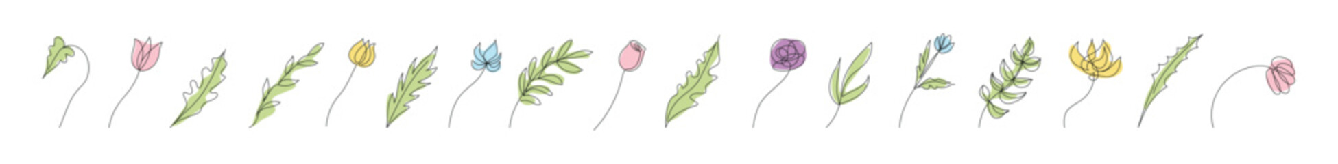 Set of soft colorful floral design elements in continuous one line drawing style isolate on white background. Flowers, plants, leaves, branches. Line art. Concept of Botanical, Hand-Drawn, Nature