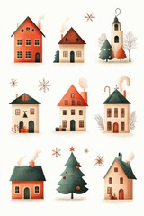 Fototapeta premium Charming Christmas village icons with festive details and seasonal decorations on cozy houses