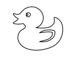 Black outline of a rubber duck isolated on a white background. Concept of childish icon, bath toy, simple illustration, minimalist design. Printable design element for kids' products and stationery