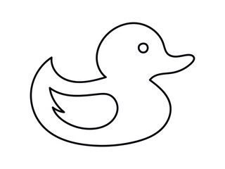 Black outline of a rubber duck isolated on a white background. Concept of childish icon, bath toy, simple illustration, minimalist design. Printable design element for kids' products and stationery