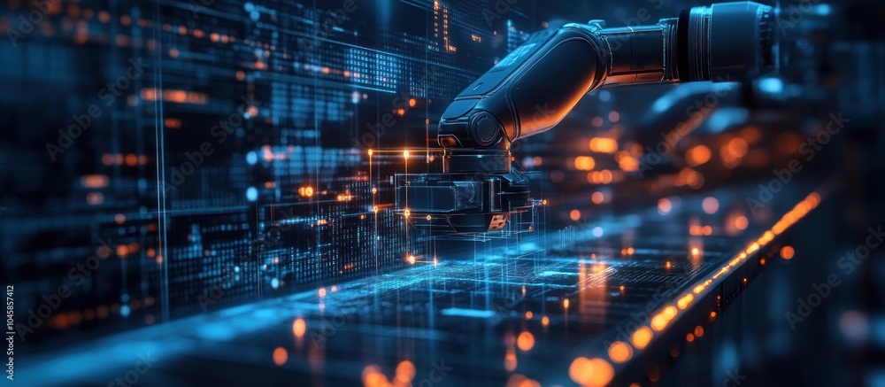 Poster robotic arm interacting with digital data, futuristic technology concept.