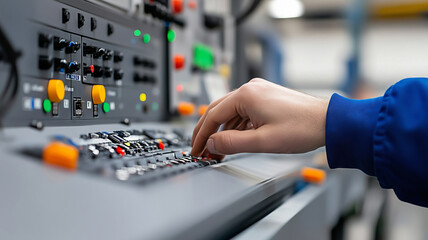 Worker carefully adjusting control parameters in a busy industrial setting