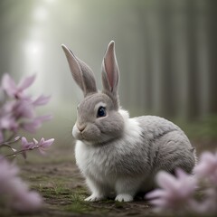 Fototapeta premium Springtime Companion: A Gray Rabbit Among Blossoms and Grass