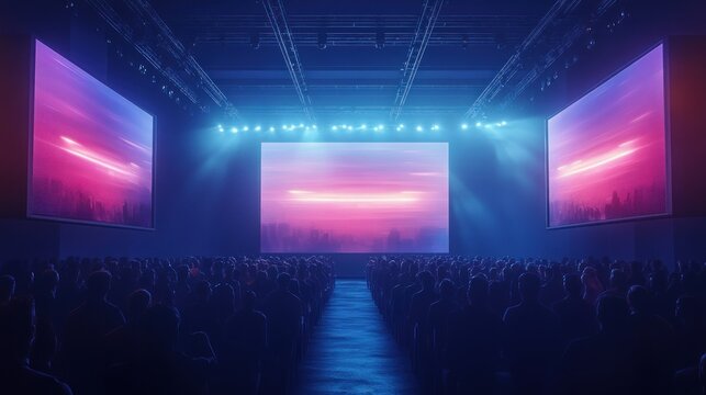 A product launch event in a high-tech exhibition hall with modern decor, large digital displays, and a captivated audience.