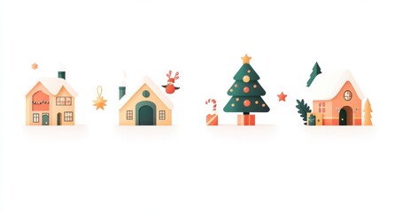 Fototapeta premium Charming Christmas icons featuring cozy houses and a Christmas tree adorned with festive ornaments and gifts on a white background.