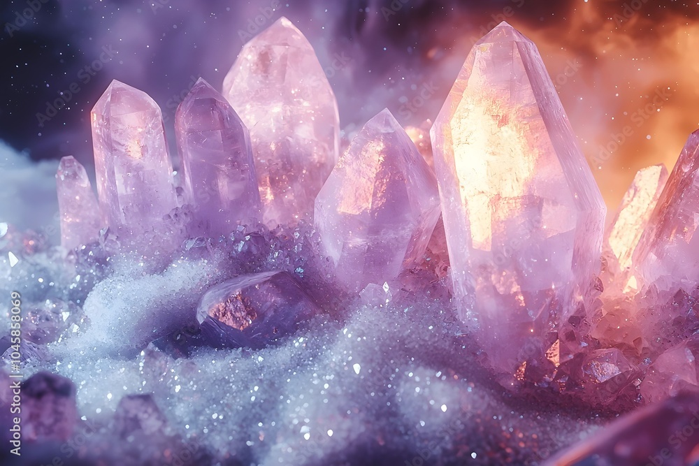 Poster mesmerizing formation of purple crystals glowing in a mystical setting, surrounded by sparkling whit