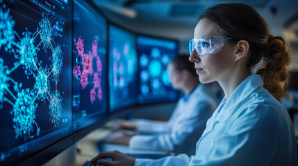 Scientist analyzing data on computer screens in a modern laboratory during evening hours