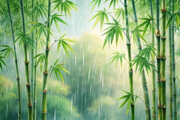 watercolor painting of tall bamboo swaying in the breeze during a gentle rain shower