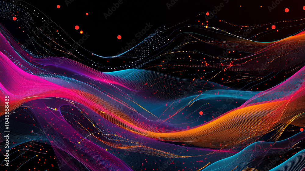 Poster a colorful image shows flowing lines and dots, representing the movement of information.this picture