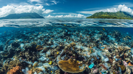 Fototapeta premium Colorful coral reef thriving under the sunlit ocean surface, showcasing diverse marine life and vibrant coral formations during the day