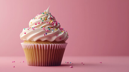 A delicious-looking cupcake with creamy frosting and sprinkles sits on a pink background. This is a great example of how to showcase food products beautifully.