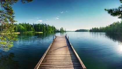 A peaceful Scandinavian lake with a rustic wooden pier extending into calm blue waters surrounded by greenery. Generative AI