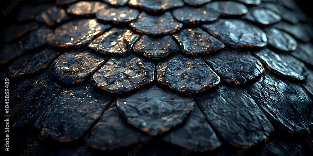 Poster close-up of textured dark scaly surface, highlighting intricate details and reflections, creating a 