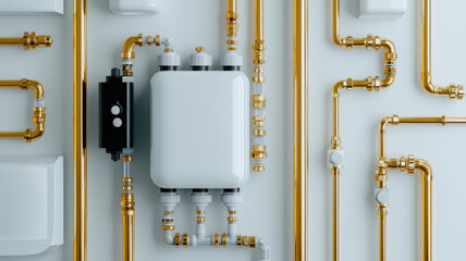 Hybrid water heater system combining gas and electric, with detailed pipes and control panel close-up, Hybrid water heater, Energy-efficient solutions