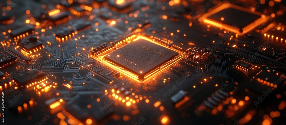 Poster close-up of a glowing microprocessor chip on a circuit board.