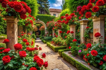 Stunning Architectural Photography of a Vibrant Garden with Red Roses in Full Bloom