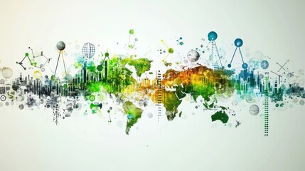 Abstract world map with green, yellow, and blue watercolor paint splashes, representing growth, finance, and globalization.