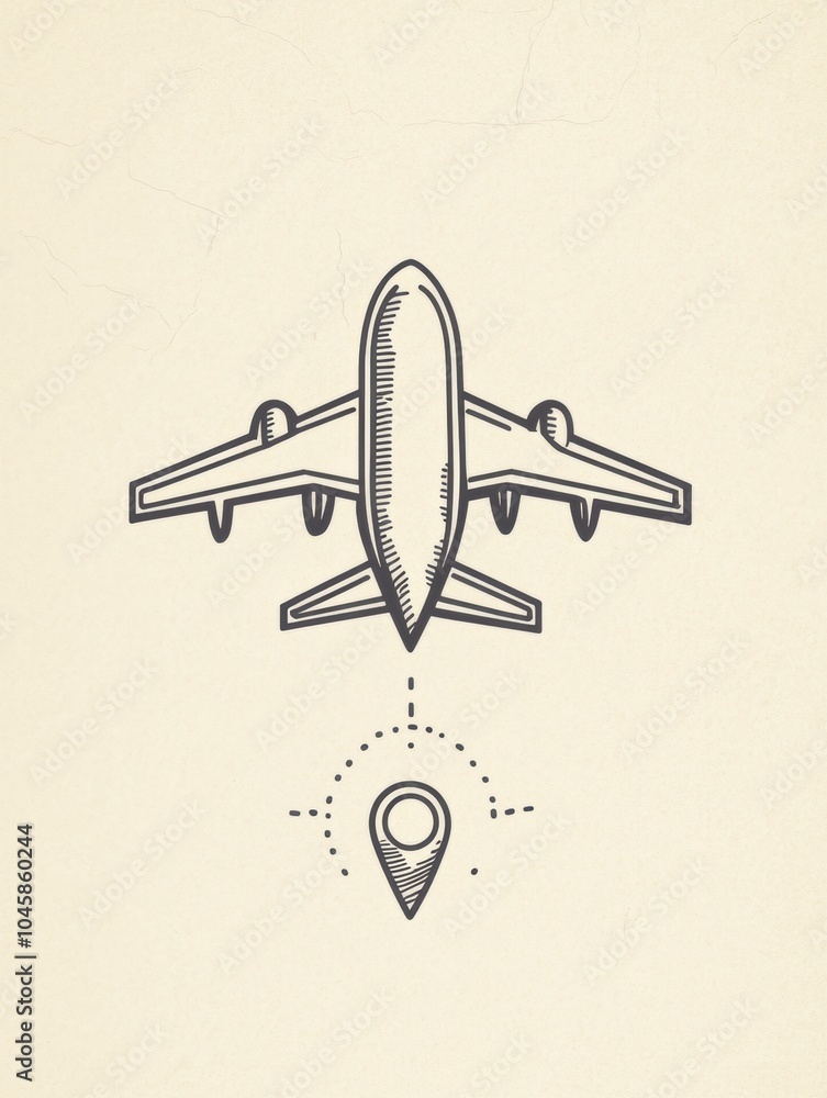 Aufkleber an airplane icon is soaring towards a simple map pin, symbolizing exciting travel destinations and n
