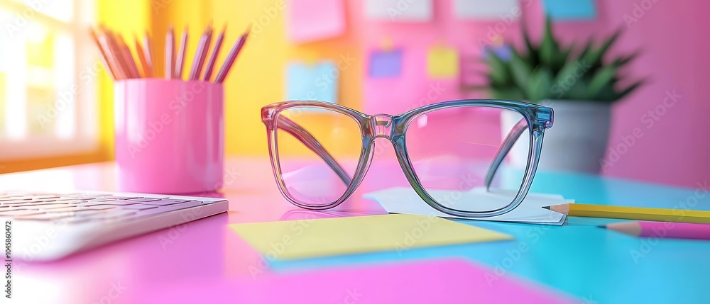 Poster colorful workspace with creative elements in 3d style