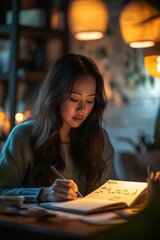 Fototapeta premium Young woman writing in a cozy notebook under warm ambient lighting, reflecting focus and creativity in a serene evening setting.