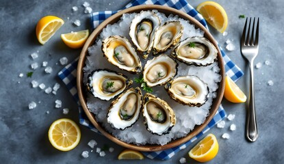 Zeeuwse Oesters Fresh Zeeland Oysters on Ice with Lemon Slices (Dutch Cuisine)