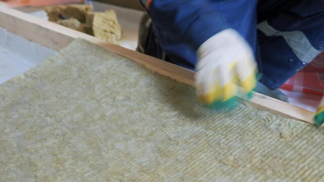 Insulation of a frame house with mineral wool. Cutting, fitting, laying insulation. Construction works.