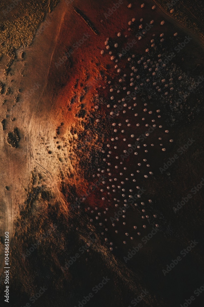 Aufkleber aerial view of unique landscape with textured earth and clustered white stones, capturing natures in