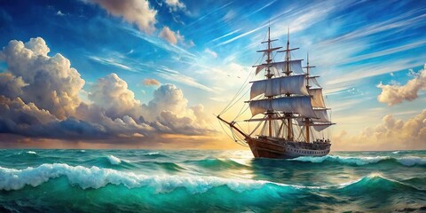 Fototapeta premium Watercolor painting of tall ship in blue water with white clouds and aquamarine waves reflection