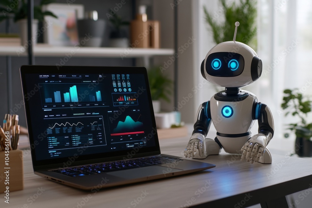 Poster ai-powered robot companion sitting next to laptop with data analytics dashboard in modern home offic