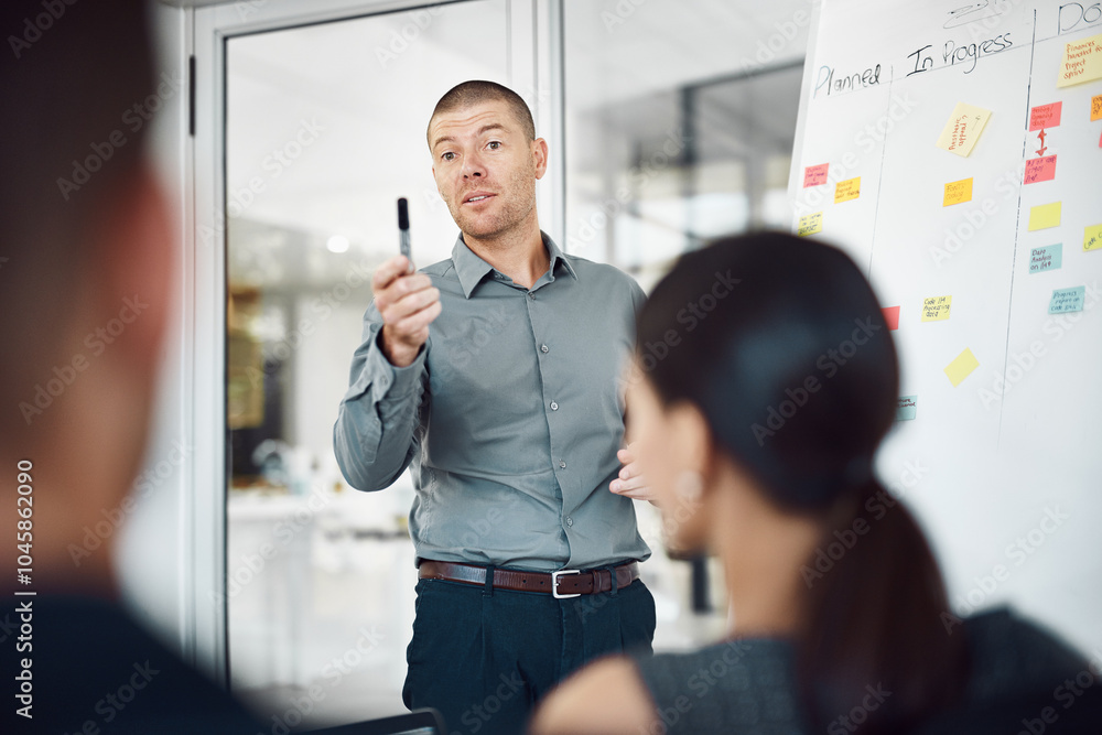 Poster man, workshop and sticky notes on whiteboard for advice, timeline and employee engagement in office.