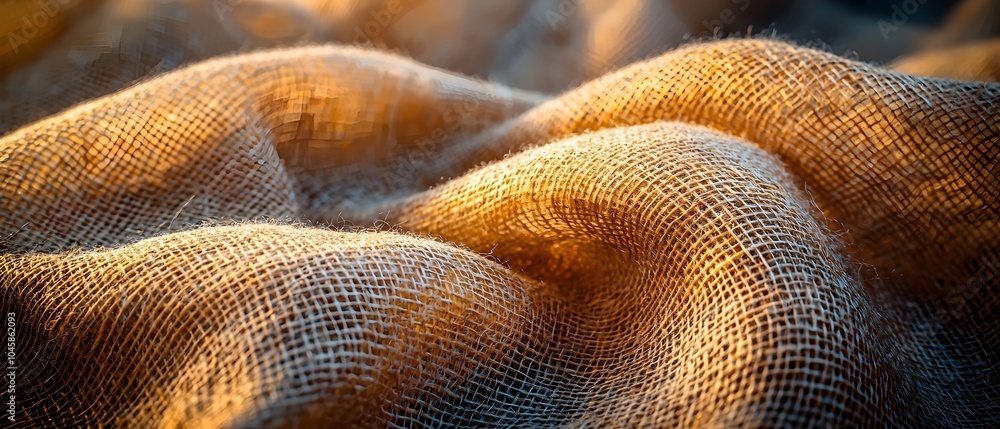 Wall mural A close-up view of textured burlap fabric, showcasing its natural fibers and warm golden hues, creating an organic and rustic atmosphere.